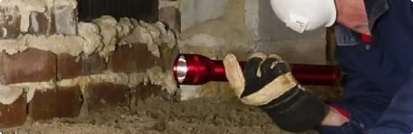 Pest control technician inspecting a crawl space for ant activity in Compton, CA