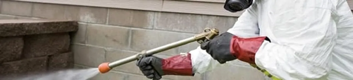 Pest control technician applying exterior insect treatment along a home foundation in Los Angeles, CA