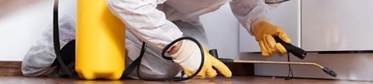 Roach exterminator treating cracks and crevices along kitchen baseboards in Los Angeles, CA