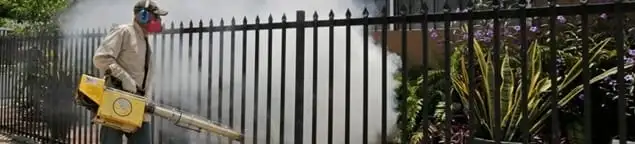 Mosquito control technician fogging a yard perimeter for mosquito reduction in Los Angeles, CA