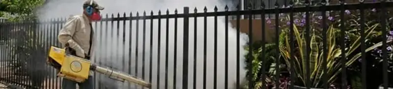 Mosquito control technician fogging a yard perimeter for mosquito reduction in Los Angeles, CA